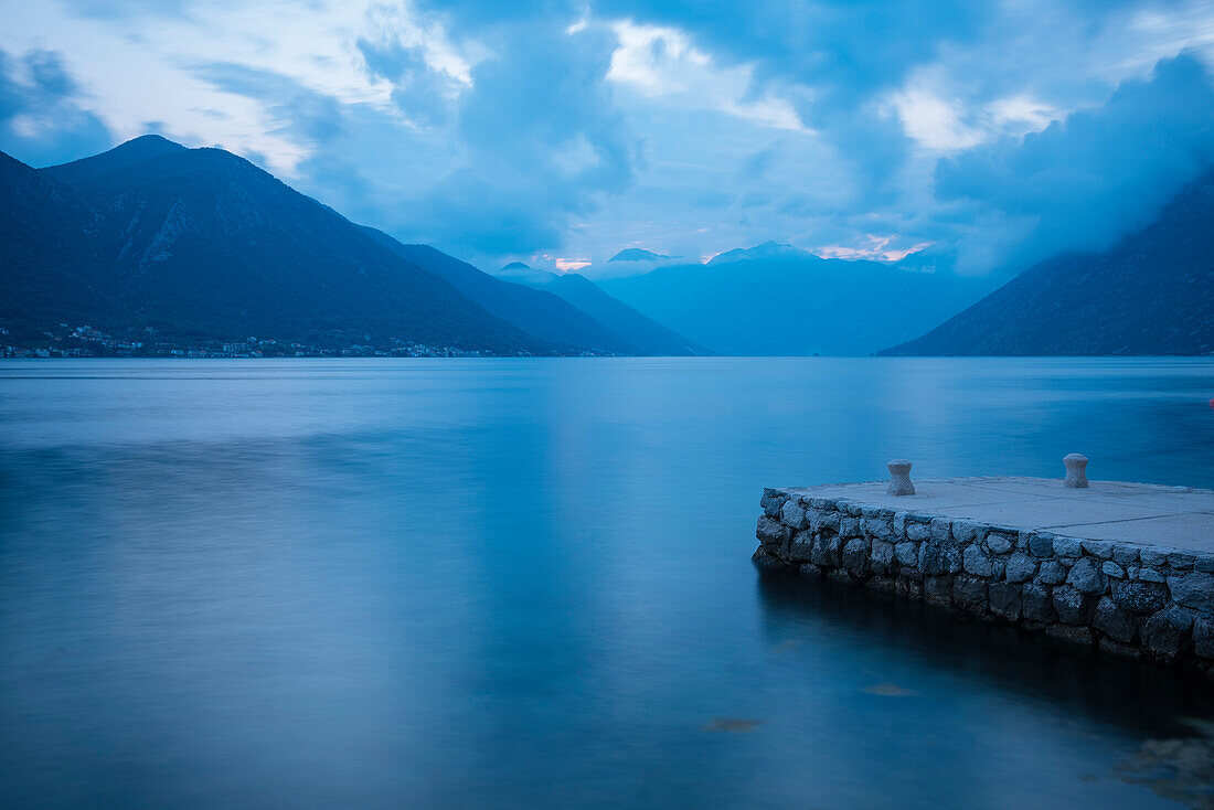 Bay of Kotor at twilight, UNESCO World Heritage Site, Dobrota, Montenegro, Europe