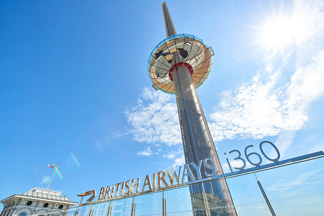 Low angle shot of British Airways' i360 viewing tower in Brighton, Sussex, England, United Kingdom, Europe