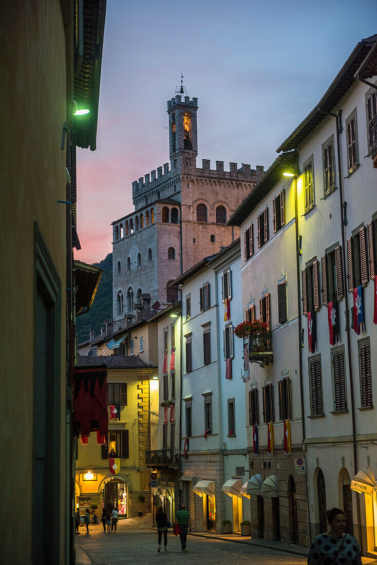 Consoli's Palace after sunset, Gubbio, Umbria, Italy, Europe