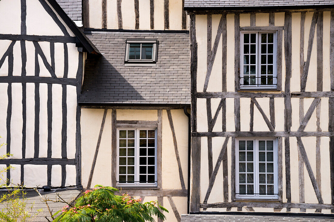 Typical half timbered houses in old town, Lyons la Foret, Eure, Normandy, France, Europe