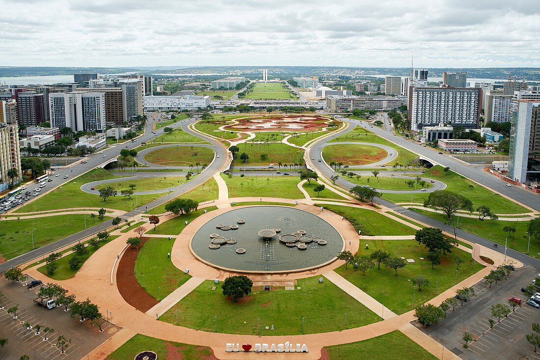 View of the monumental axis with the government buildings in the distance including National Congress and hotel sectors, Brasilia, UNESCO World Heritage Site, Brazil, South America