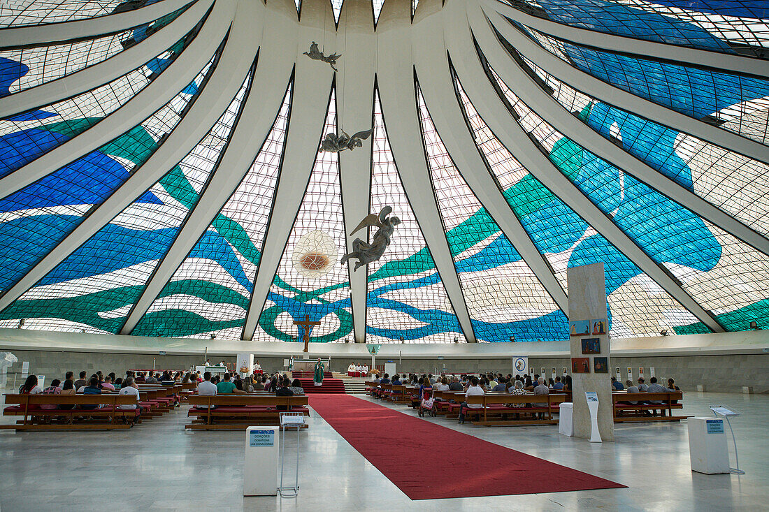 Inside the Metropolitan Cathedral designed by Oscar Niemeyer in 1959, Brasilia, UNESCO World Heritage Site, Brazil, South America
