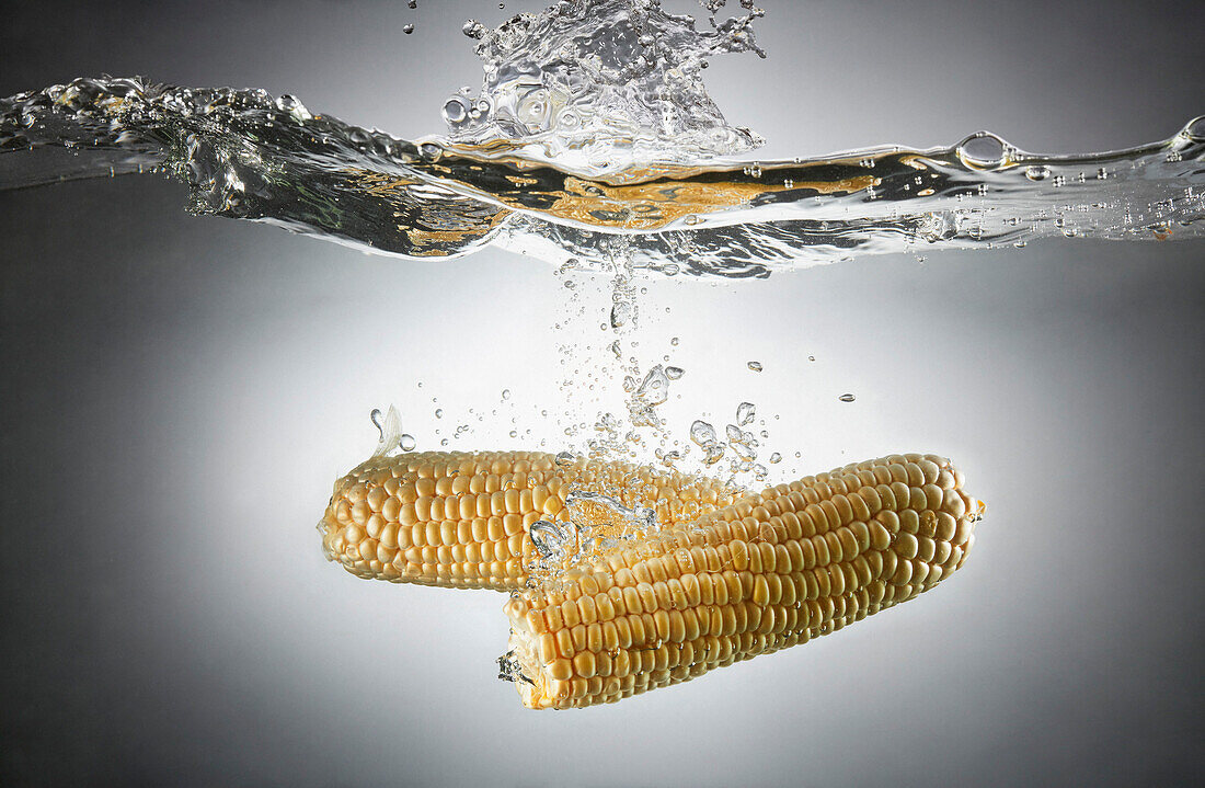 Close-up of sweet corns in splashing water