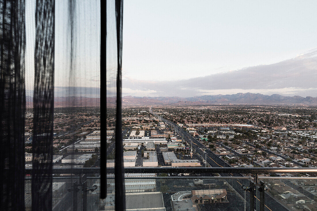 Cityscape seen through balcony against sky, Las Vegas, Nevada, USA