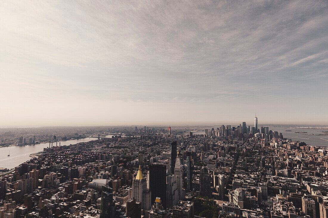 Manhattan against sky during sunset, New York City, New York, USA