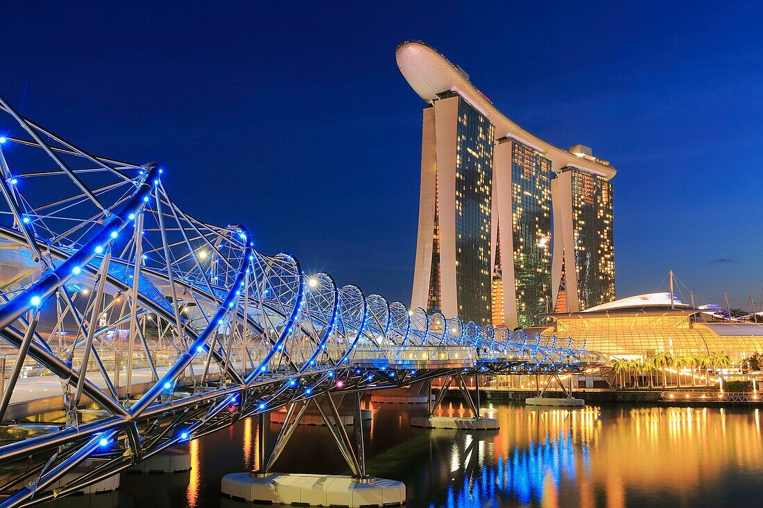 Marina Bay Sands and Helix Bridge at Dusk, Singapore.