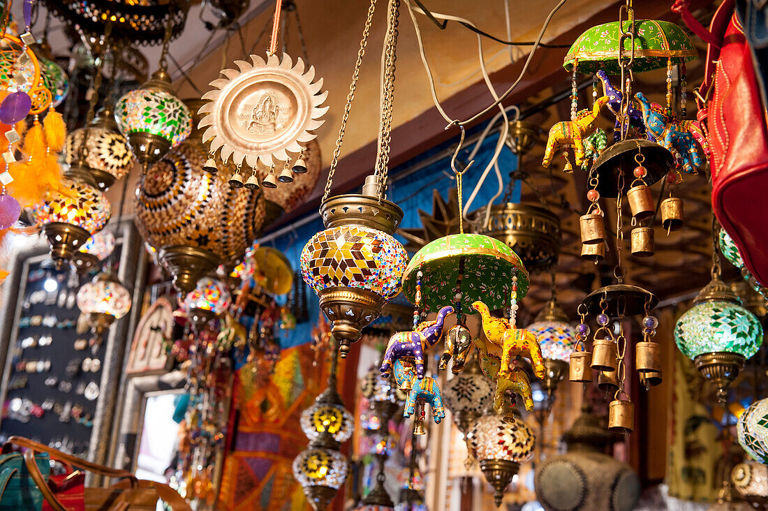 Colourful lamps in a souvenir shop, Granada, Andalusia, Spain, Europe