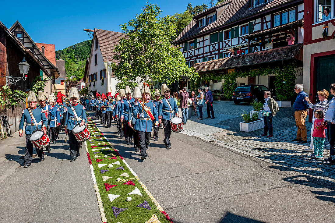 Traditional band, Corpus Christi, Feast of Corpus Christi procession, carpet of flowers, Sipplingen, Lake Constance, Baden-Wuerttemberg, Germany, Europe