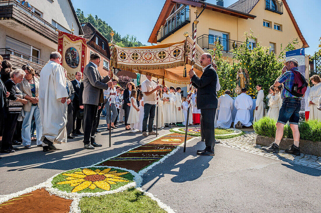 Corpus Christi, Feast of Corpus Christi procession, carpet of flowers, Sipplingen, Lake Constance, Baden-Wuerttemberg, Germany, Europe