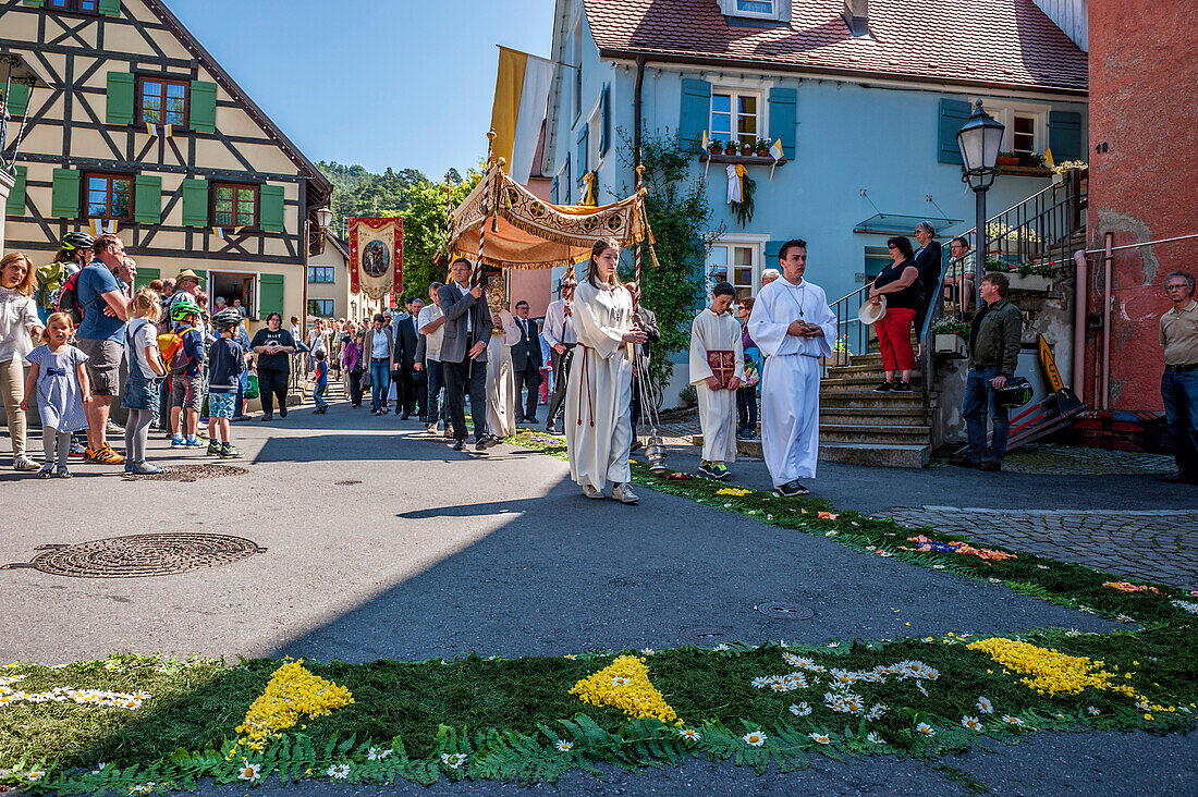 Corpus Christi, Feast of Corpus Christi procession, Flowers, Sipplingen, Lake Constance, Baden-Wuerttemberg, Germany, Europe