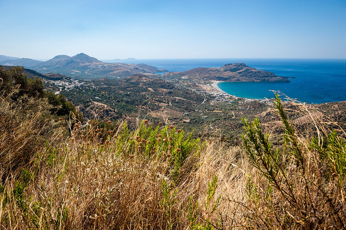 Blick von Selia auf Plakias, Küstenlandschaft mit Bucht, Plakias, Kreta, Griechenland, Europa
