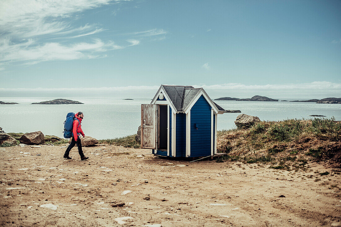 Man walking at the coast of greenland, Greenland, arctic.