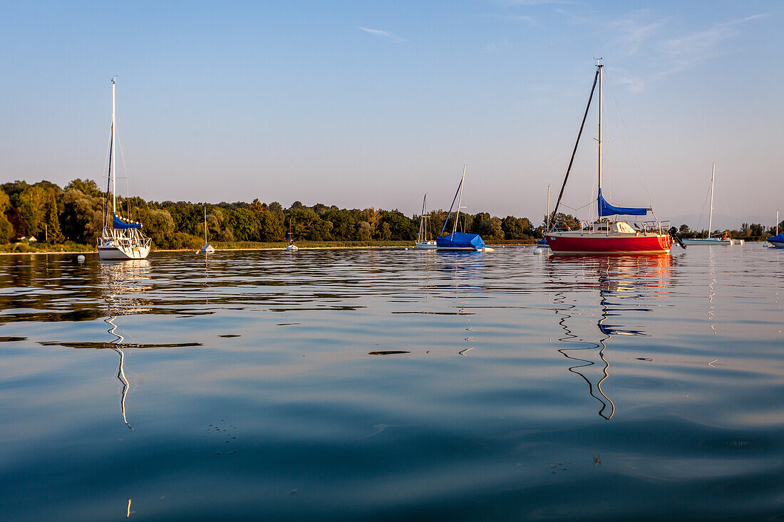 Yachts at the Sunset at the Ammersee lake, Bavaria, Germany, Europe