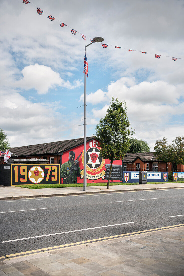 UK Flags and murals in Eastern Belfast, Northern Ireland, United Kingdom, Europe
