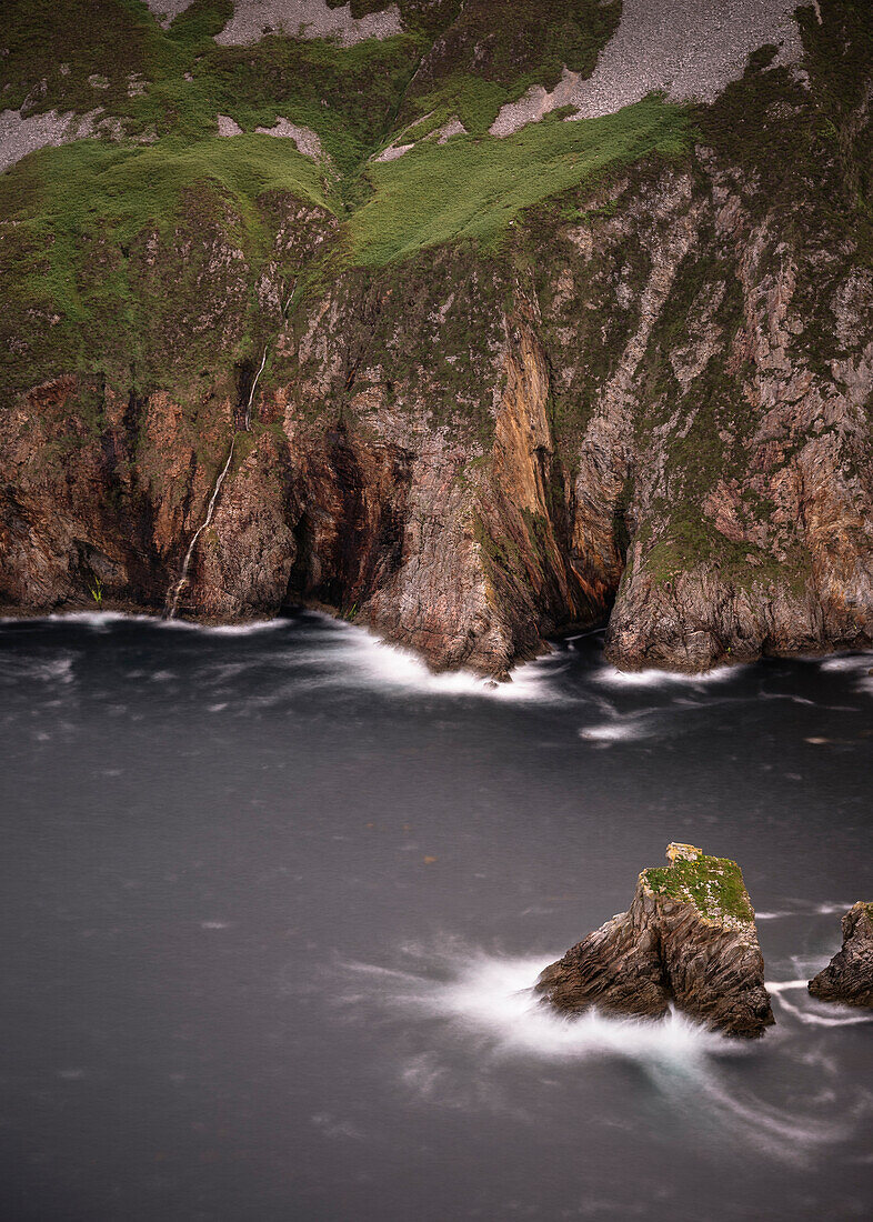 strong tide at cliffs Slieve League, waterfall, Teelin, County Donegal, Ireland, Wild Atlantic Way, Europe