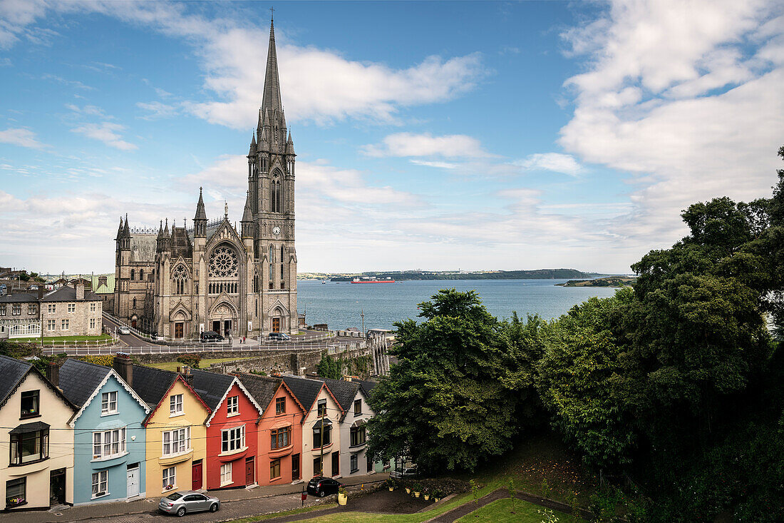 Cobh Cathedral, Deck of Cards houses (colourful and steep houses at West View Street), Cobh, County Cork, Ireland, Europe