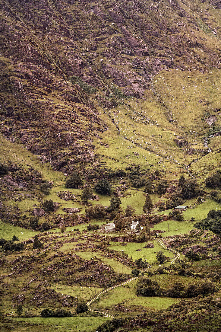 einzelner Hof am Healy Pass, Beara Halbinsel, Grafschaft Cork, Irland, Wild Atlantic Way, Europa