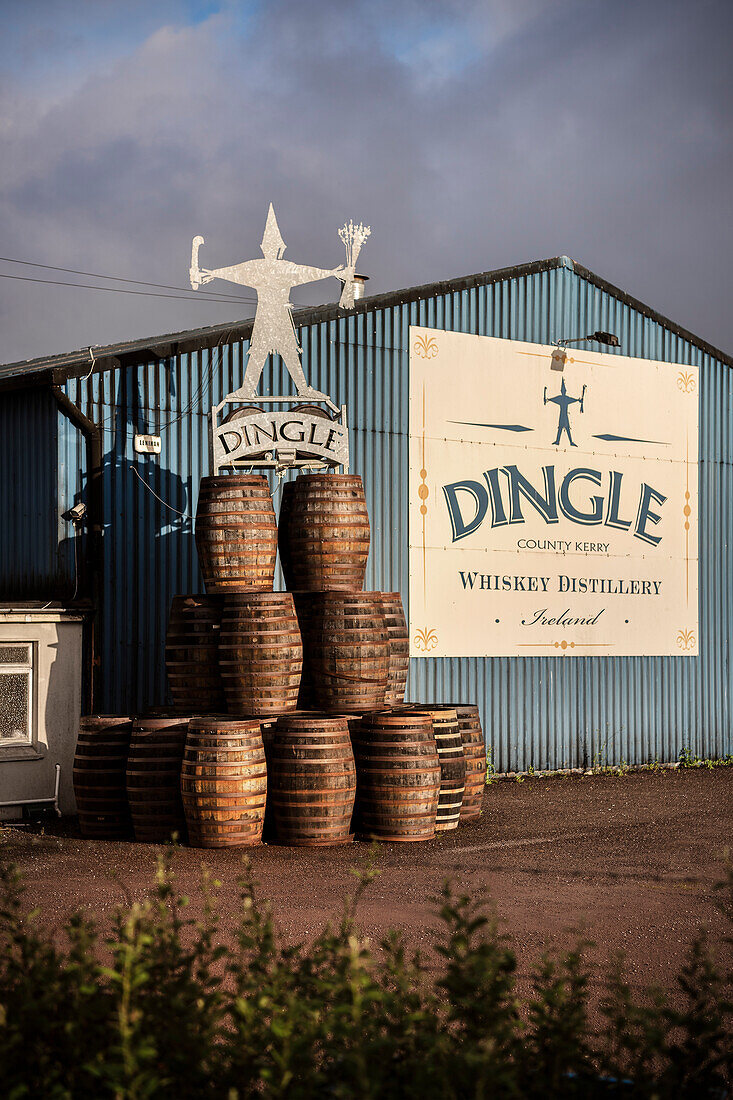 Whiskey casks and logo of Dingle Whiskey Distillery, Dingle Peninsula, Slea Head Drive, County Kerry, Ireland, Wild Atlantic Way, Europe