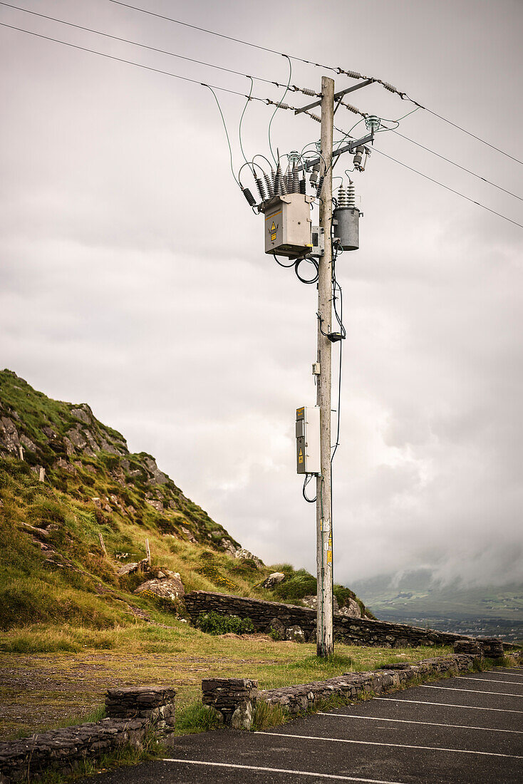 power pole at parking lot above Derrynane national park, County Kerry, Ireland, Ring of Kerry, Wild Atlantic Way, Europe