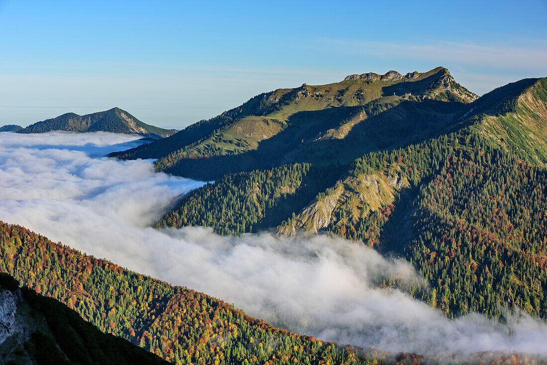 View towards Rotwand with fog in the valley, from Hinteres Sonnwendjoch, Bavarian Alps, Tyrol, Austria