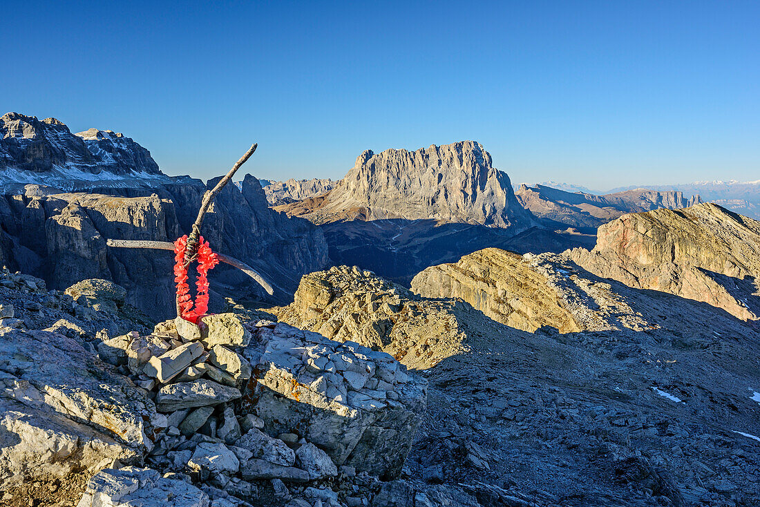 Sella and Langkofel from cross at summit of Ciampac, Dolomites, UNESCO World Heritage Site Dolomites, Venetia, Italy
