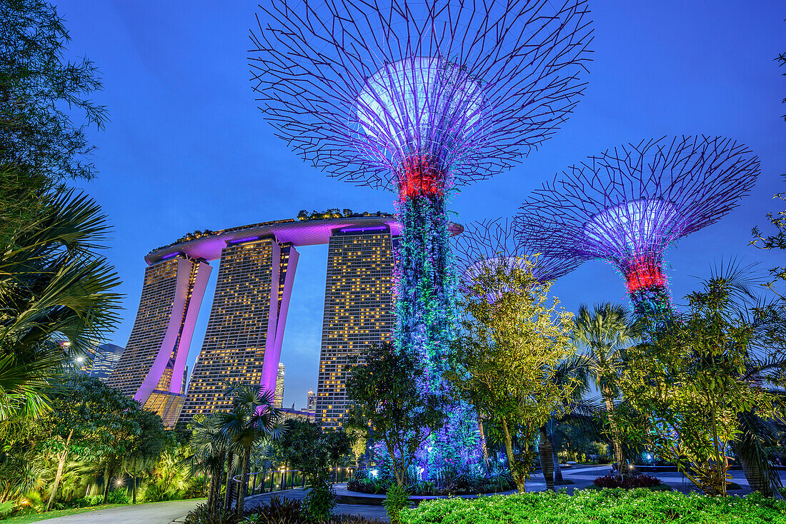 Beleuchtetes Marina Bay Sands und SuperTrees in Garden of the Bay, Marina Bay, Singapur