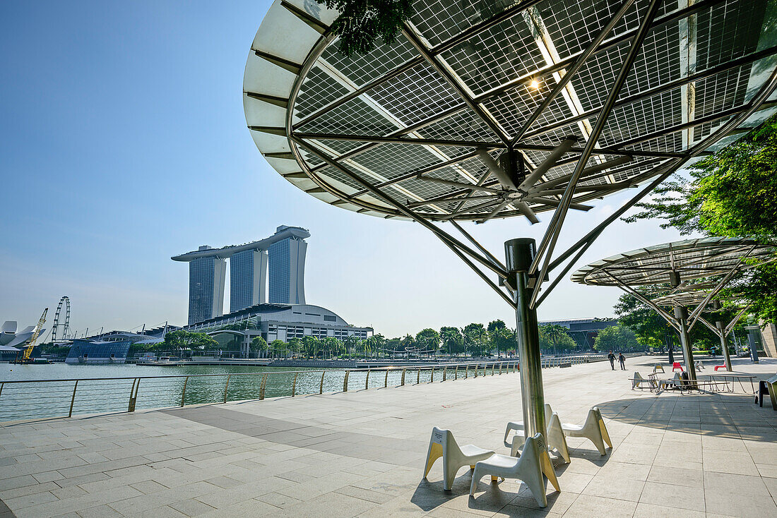 Shady solar panel with Marina Bay Sands in background, Marina Bay, Singapore