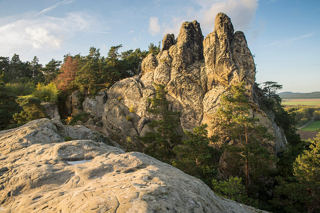Sandstone rock formation Hamburger Wappen, evening light, Timmenrode, Blankenburg, Harz District, Saxony-Anhalt, Germany, Europe