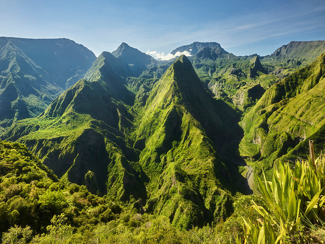 View from the lookout point Cap Noir, Cirque de Mafate, La Reunion, France