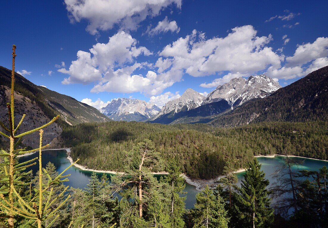 at Fernpass with Blindlake, view to Zugspitze and Sonnenspitze, Tyrol, Austria