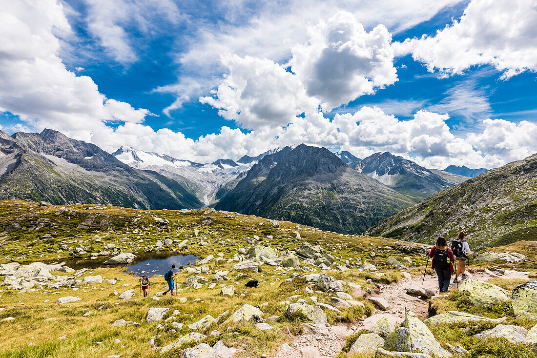 Hikers in front of the panorama of the Zillertal Alps above the reservoir Schlegeisspeicher, Ginzling, Zillertal, Tirol, Austria