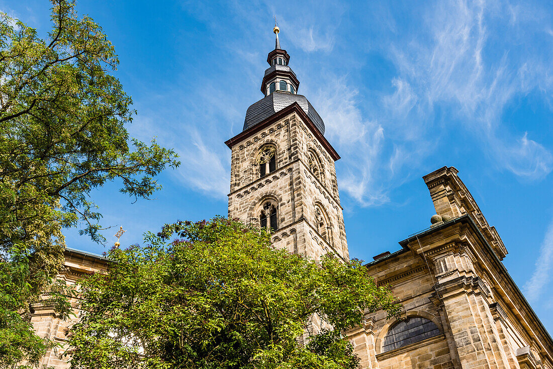 View from the street Eisgrube to the tower of the Stephanskirche Bamberg, Bavaria, Germany