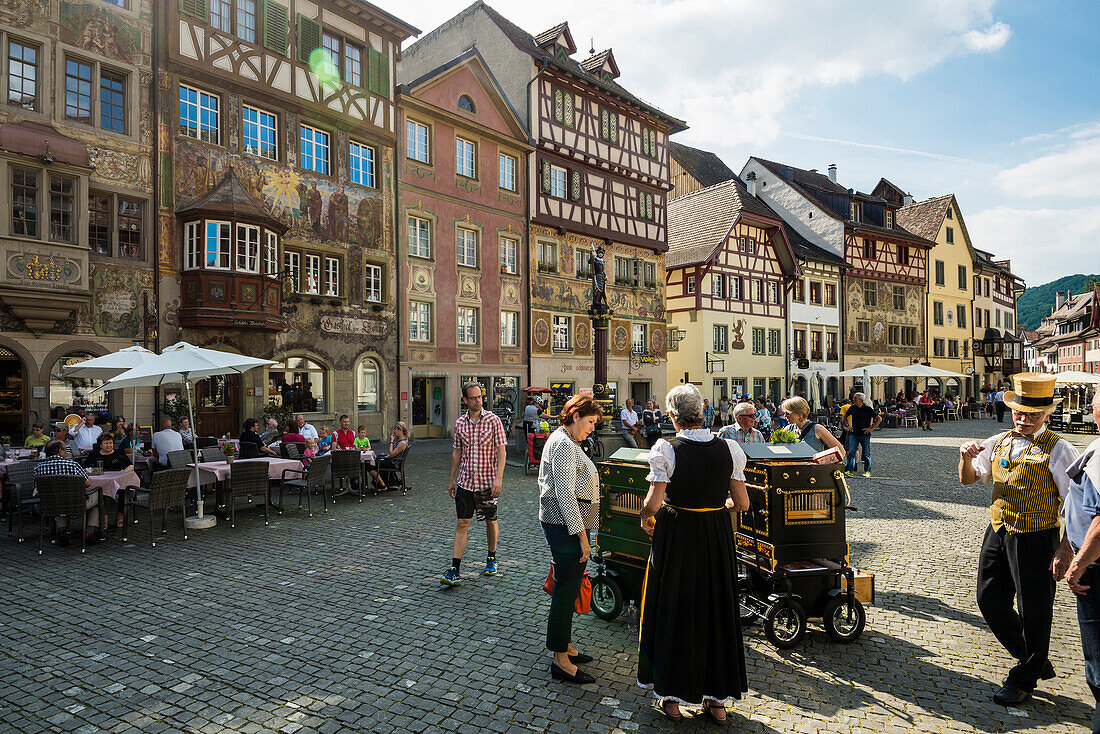 Market square with historic painted houses, historic centre, Stein am Rhein, Canton of Schaffhausen, Switzerland