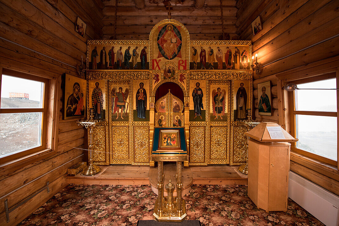 Interior of Russian Orthodox church, King George Island, South Shetland Islands, Antarctica