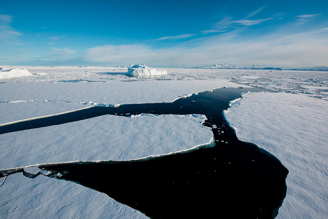 Sea ice covers most of the water around the Antarctic mainland, Prospect Point, Antarctic Mainland, Antarctica