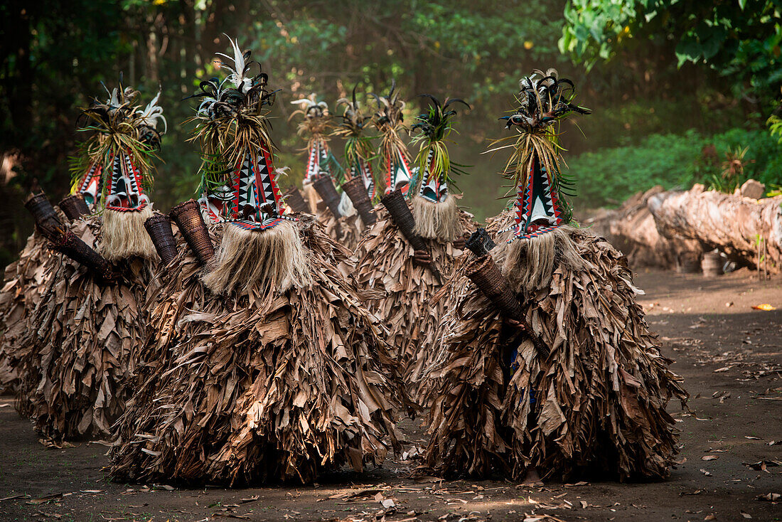 Eine Gruppe von Männern mit kegelförmigen Masken und Ganzkörperbelag aus Pflanzenmaterial führen einen Tanz auf, Ambrym Island, Vanuatu, Südpazifik