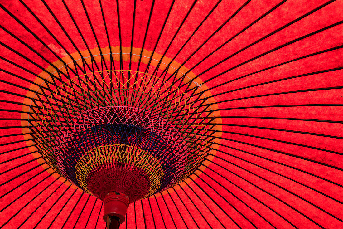 Detail of a large red parasol produces a strong graphic, Sakaiminato, Tottori, Japan, Asia