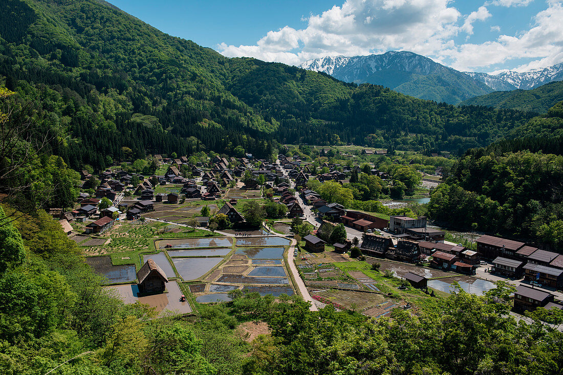 View of Shirakawa with its many historic thatched Gassho-zukuri houses (UNESCO World Heritage Site), Shirakawa, Fukushima, Japan, Asia