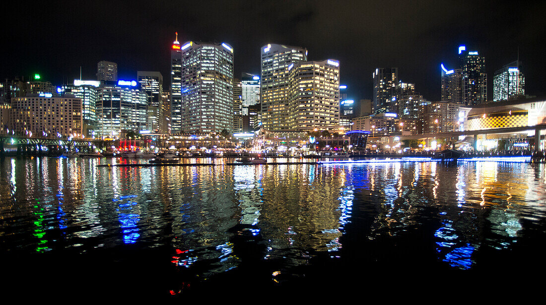 Darling Harbour with city during the Vivid Festival, Sydney, New South Wales, Australia