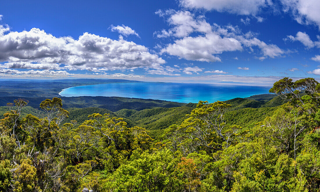 Panorama vom Hump Ridge auf Bergwald und Tasmanische See, Hump Ridge, Hump Ridge Track, Fiordlands Nationalpark, UNESCO Welterbe Te Wahipounamu, Southland, Südinsel, Neuseeland