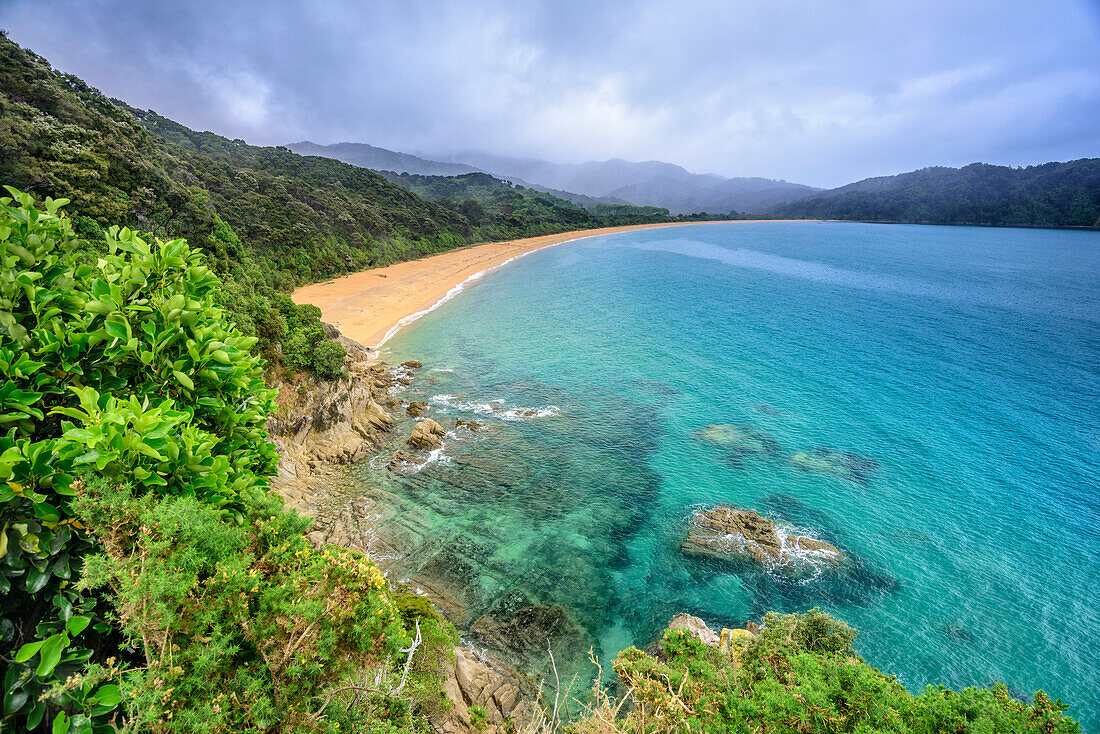 Bay with sand beach at Abel Tasman Coastal Track, Abel Tasman Coastal Track, Great Walks, Abel Tasman National Park, Tasman, South island, New Zealand