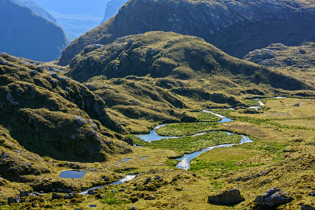 Routeburn River meanders through mountain valley, Routeburn Track, Great Walks, Fiordland National Park, UNESCO Welterbe Te Wahipounamu, Queenstown-Lake District, Otago, South island, New Zealand