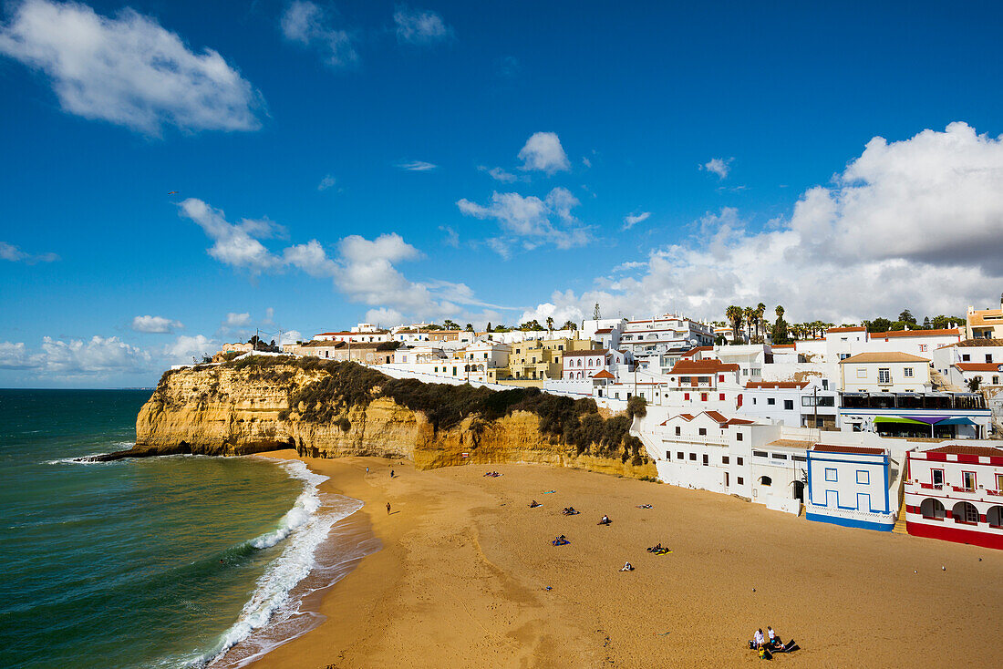 Bay with beach and colourful houses, Carvoeiro, Algarve, Portugal