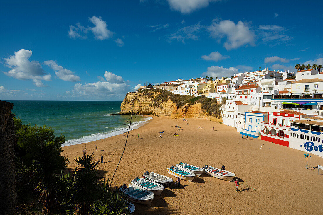 Bay with beach and colourful houses, Carvoeiro, Algarve, Portugal