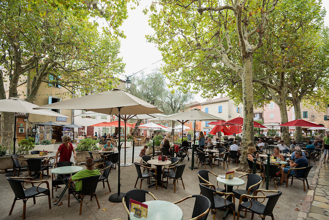 square with restaurants, Tourtour, Département Var, Region Provence-Alpes-Côte d' Azur, South of France, France