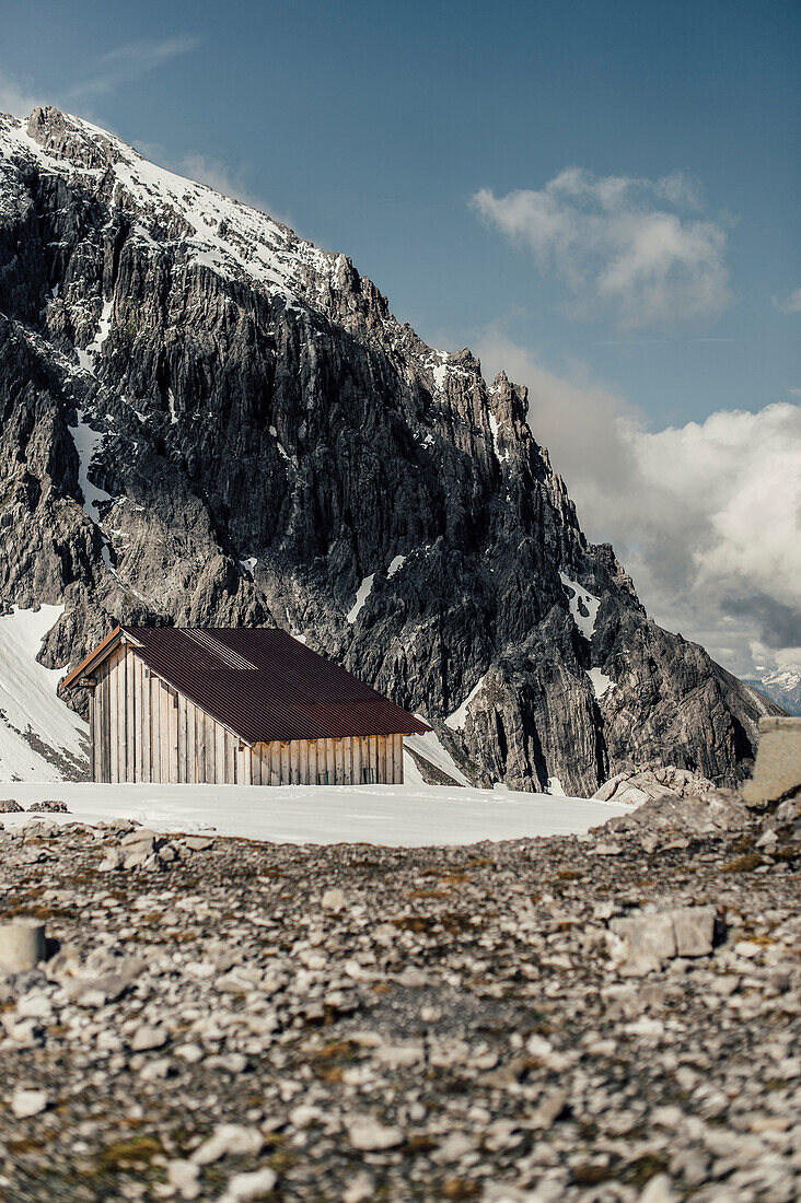 Wooden cabin above Lünersee in Brandnertal, Vorarlberg, austria, europe.