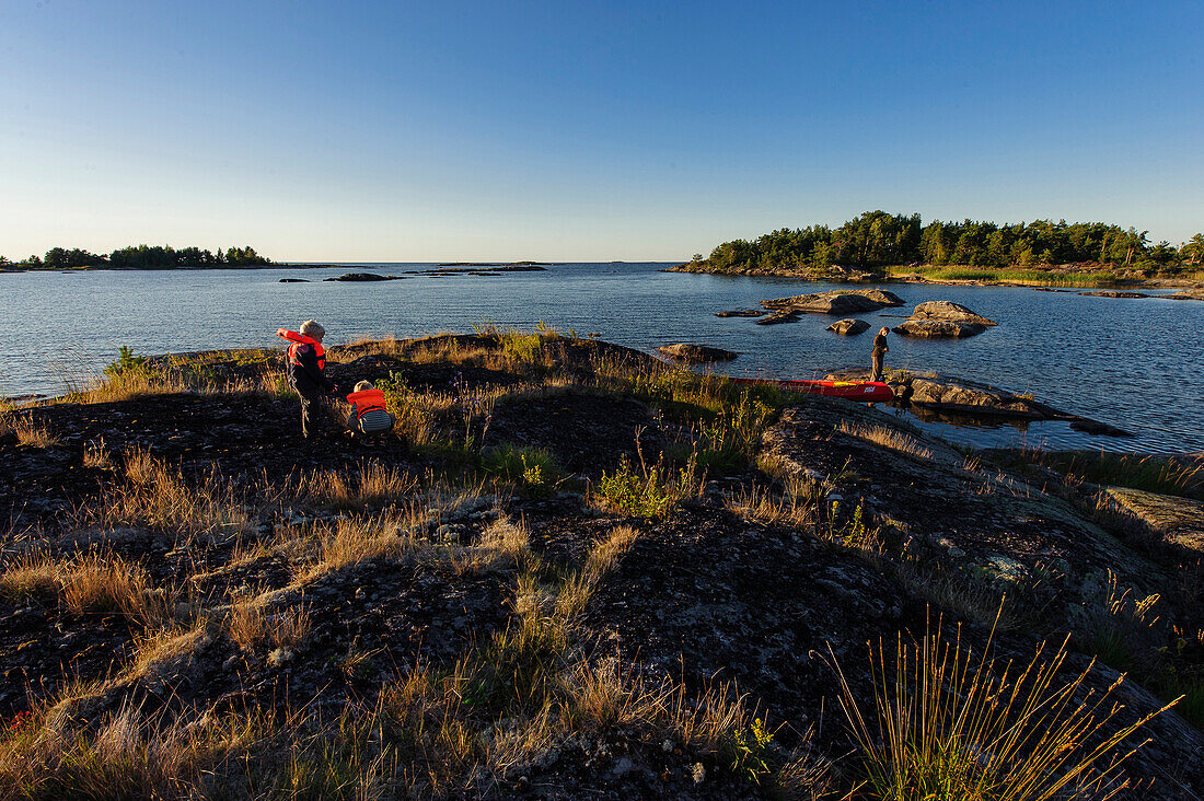 Family paddling, landscape Källandsö at Lake Vänern, Sweden