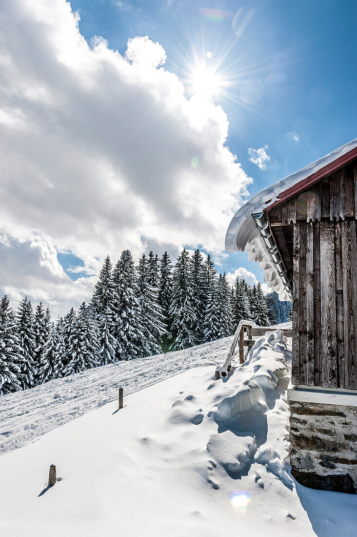 verschneite Winterlandschaft, Schneeschuhtour, Ofterschwanger Horn, Hörnerdörfer, Allgäu, Baden-Württemberg, Deutschland, Europa, Winter, Alpen