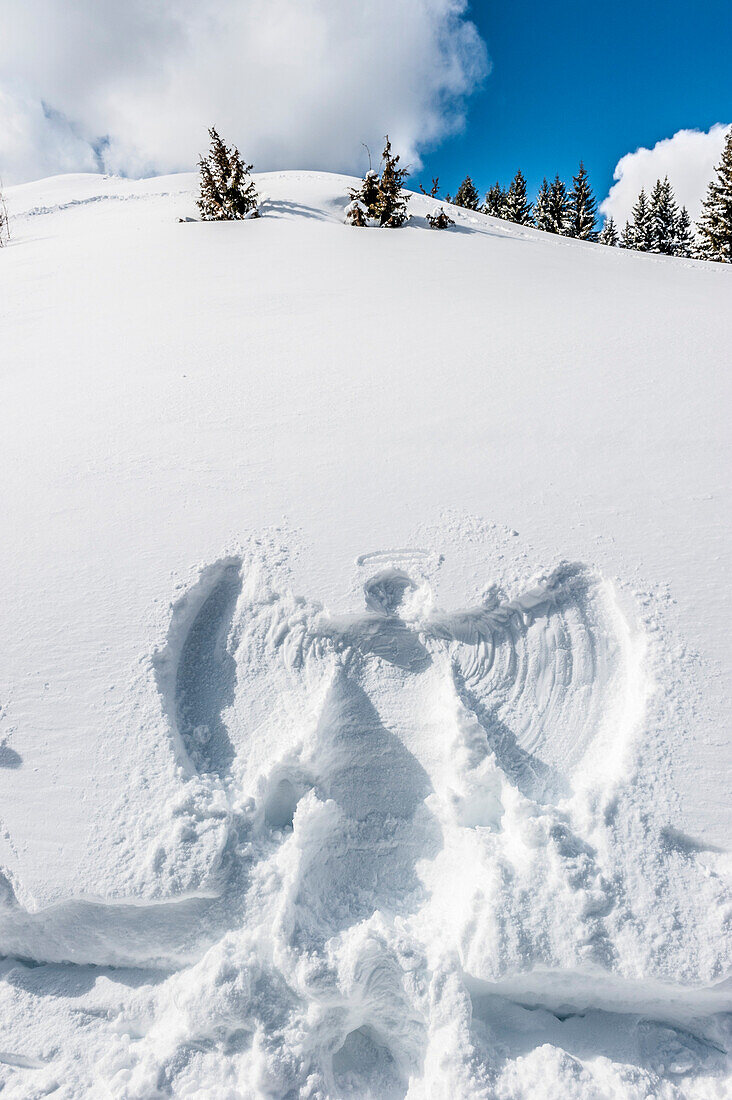 Angel in the snow, snowy landscape, Illertal, Hoernerdoerfer, Allgau, Baden-Wuerttemberg, Germany, Europe