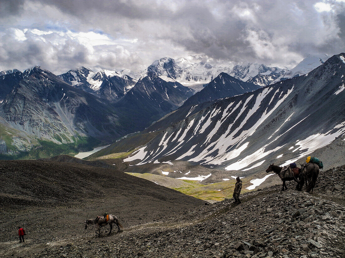 Pferderitt in den Bergen, Kara-Tyurek, Kara-Türek, Pass, Belucha, Altai, Sibirien, Russland, Russische Föderation